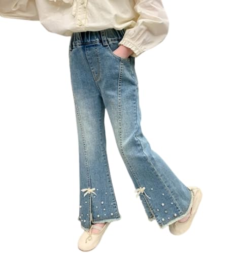 Girls Pearl Bow Knot Denim Jeans Soft Elastic Waist Bell Bottom Jeans Split Hem Flare Leg Pants
