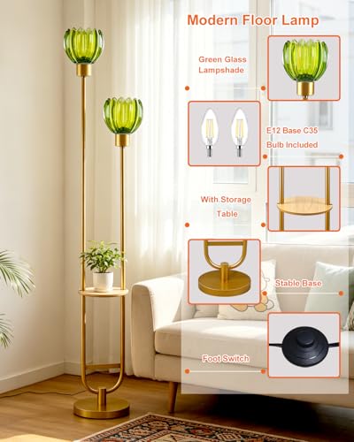 Image of Lightdot Glass Floor Lamp with Table 2-Lights Modern Gold Standing Tall Lamps with Green Lotus Glass Shade,LED Floor Lamp with Foot Switch for Living Room Bedroom Home Office (Bulbs Included)