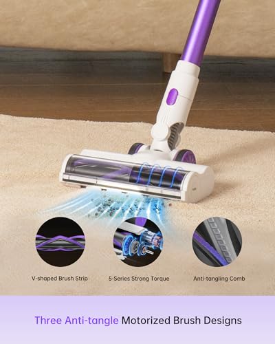 FABULETTA Cordless Vacuum Cleaner for Home, 400W Lightweight Vacuum Cleaner with MAX 47Min Detachable Battery, Brushless Motor, 6 in 1 Stick Vacuum for Hardwood Floors and Carpet Pet Hair Car(Purple)