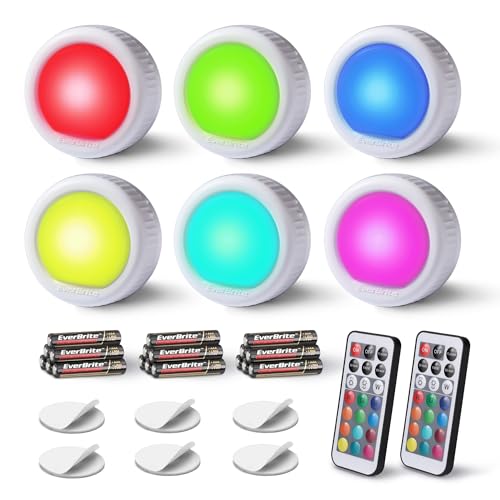 EverBrite Tap Light, Push Light, LED Puck Lights with 12 RGB Colors, Wireless Touch Light Under Cabinet, 80 Lumens Night Light for Closet, Bedroom, Wall, Classroom, 18 AAA Batteries Included, 6-Pack