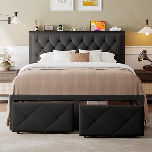 Einhomn Queen Bed Frame with 2 Storage Drawers, Metal Platform Bed with Charging Station, Upholstered Button Tufted Storage Headboard, No Box Spring Needed, Noise-Free, Easy Assembly, Black