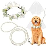 Dog Wedding Flower Collar with Pearls Leash and Veil Set, Handmade Floral dog wedding collar and dog wedding outfit, Adjustable Wreath & Beaded Leash, Perfect Pet Wedding Prop