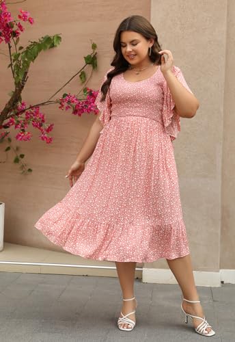 Image of Keluummi Plus Size Wedding Guest Midi Dress for Curvy Women, Summer Casual Boho Floral Empire Waist Party Dress with Pockets(18 Plus, 03 - Pink Floral)