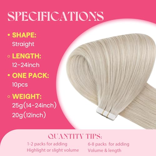 Image of Ve Sunny Hair Tape in Extensions Remy Human Hair Platinum Blonde 20Inch | Remy Human Hair Tape ins,Dimensional Color,20Inch 25g 10Pcs,Adhesive Skin Weft,for Wedding or Party