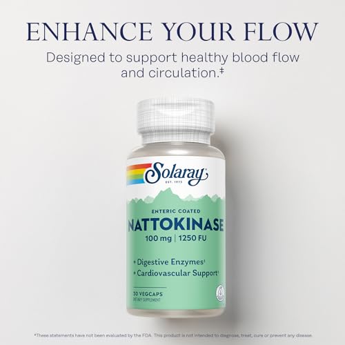 Image of SOLARAY Nattokinase Supplement 1250 FU for Men & Women - Digestive Natto Enzymes, Heart Health & Circulation Support, Nattokinase Capsules 100 mg, Enteric Coated - 30 Veg Caps