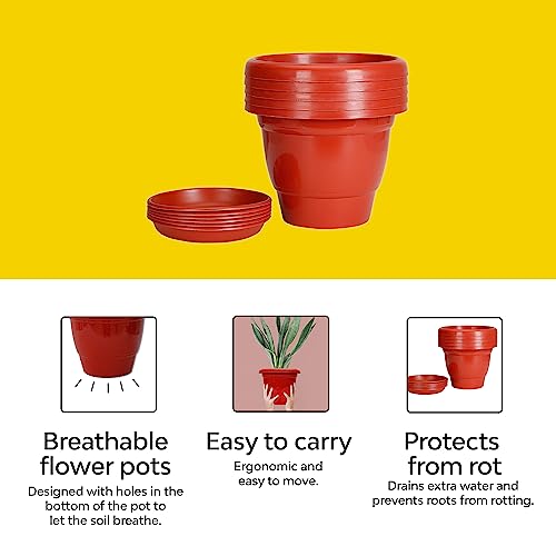 Kraft Seeds Gamla Planter Pots With Bottom Plate Tray (12 Pcs, 8 Inch, Red) | Plant Pots for Home | Plant Containers | Indoor Outdoor Balcony Flower Pots | Drip Tray Pots | Plastic Pots With Plates