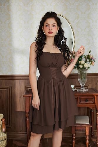 Image of Scarlet Darkness Corset Mini Sundress Chiffon Homecoming Dress for Women | Slim Straps, Ruched Neckline, Lace-Up Front, Layered A-Line, for Graduation Cocktail Party, Fairy Costume with Pockets