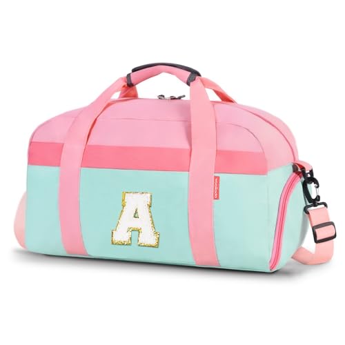 Initial Kids Duffle Bag for Boys or Girls, Kids Overnight Bag with Shoe Compartment, Personalized Weekender bags, Birthday Gifts for Women Boys Girls(Pink Green-Letter A)