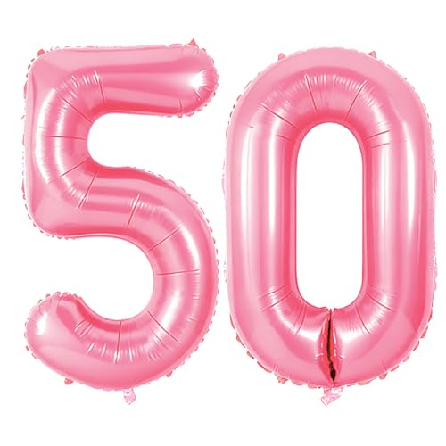 Number 50 Balloons for 50th Birthday Party Decorations, 0-100 Large No.50 Balloons for Women Men and Mother Dad, 40 Inch Jewelry Pink Foil Helium Balloon for 50 Year Old Anniversary Decorations