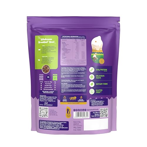 Image of ALPINO 25% High Protein Super Oats Chocolate 2kg (1kg, Pack of 2) - Rolled Oats, Natural Peanut Butter, Cocoa Powder, Nuts & Seeds - 25g Protein, Source of Dietary Fibre & Healthy Fats, No Added Sugar & Salt