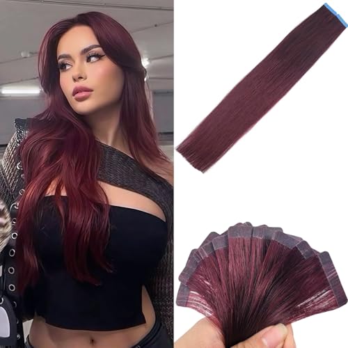 Burgundy Tape in Hair Extensions Real Human Hair Invisible 24