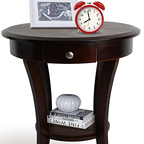 Ecomex Round End Table With Drawer,Tall Side Table With Drawer And Shelf,2-Layer Industrial End Table With Wood Legs For Small Space,Multipurpose Accent Table For Bedroom Living Room Home（Brown） #TOP7