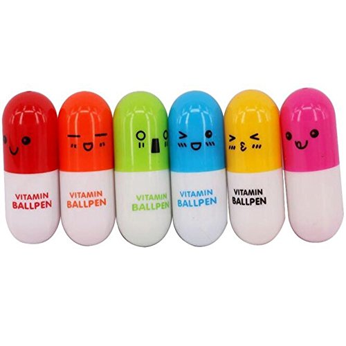 L-FENG-UK 12PCS Smiling Face Vitamin Pill Shape Ballpoint Pen Cute Cartoon Retractable Capsule Ball Pen