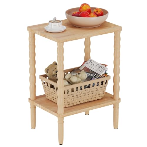 pikpuk Solid Wood Side Table, Small Retro End Table, Narrow Couch Side Table with Storage Shelf, Skinny Bedside Table Nightstand for Small Space, Bedroom, Living Room, Farmhouse, No-Tool Assembly.