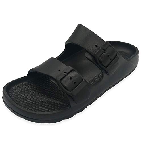 NITTI Women's Slip-on Flat Slide Sandals with Arch Support Lightweight Waterproof Double Adjustable Buckle Outdoor/Indoor EVA Material (08, Black)