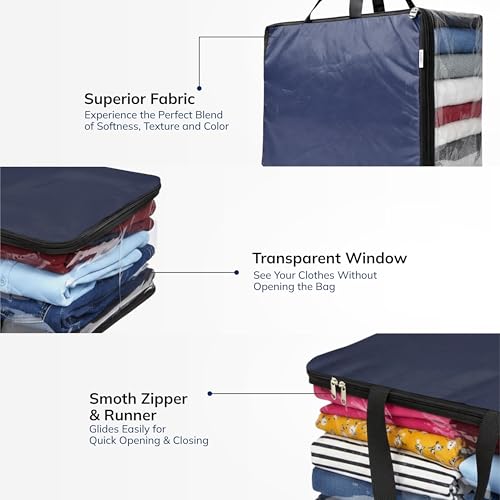 Image of CRASOME Pack of 5 Storage Bag for Saree Covers, Clothes, Lehenga, Bedsheets, Toys, Docs|Wardrobe Organizer|Transparent Window Storage Box Bag - (STB-MT-BLU-PACK-5)