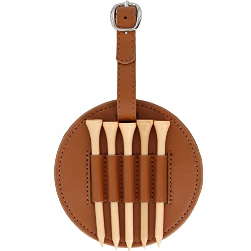 GOLTERS Leather Golf Tees Holder with 5 PCS Wooden Golf Tees 3-1/4 Inch Hook to Golf Bag Belt Clip for Golf Bag (Brown)