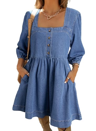 Image of Sidefeel Women's Spring Outfit Denim Dress 3 /4 Sleeve Loose Fit Square Neck Summer Jean Dresses with Pockets