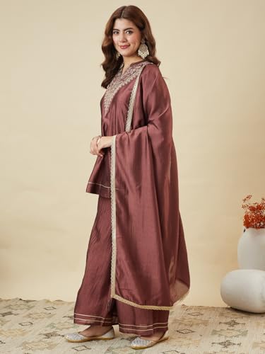 Image of MOKOSH Women's Silk Embroidery Kurta Sharara with Dupatta | Kurta Set | Embroidered |Indian Kurta Outfit with Sharara | 3 Piece Outfit |Straight Ethnic Suit 4 Colour Options Available