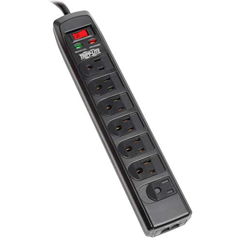 Protector eléctrico Tripp Lite TLP706TELC con 7 tomas, cable de 1.83 m, ángulo recto, protección de línea telefónica y 1440 julios, color negro
