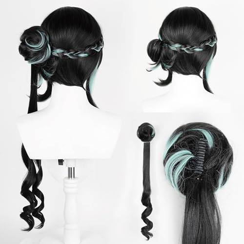 Image of Mei Anime Black mixed Green Wigs with Bangs Women Long Curly Wig with Buns and Ponytail Game Cosplay Wigs Halloween,Christmas,Comic con,Game Show,Party