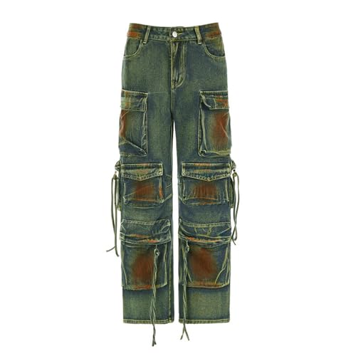 Pantalon en Denim Multi-Poches Rétro Look Américain Casual Streetwear