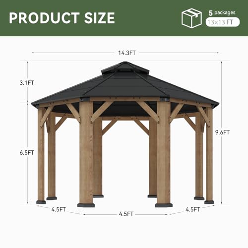 Image of Aoxun 13' x 13' Outdoor Wood Octagon Gazebo, Hardtop Gazebo Permanent Wooden Pavilion with Galvanized Steel Double Roof, for Packyard, Garden, Deck, Cedar Wood
