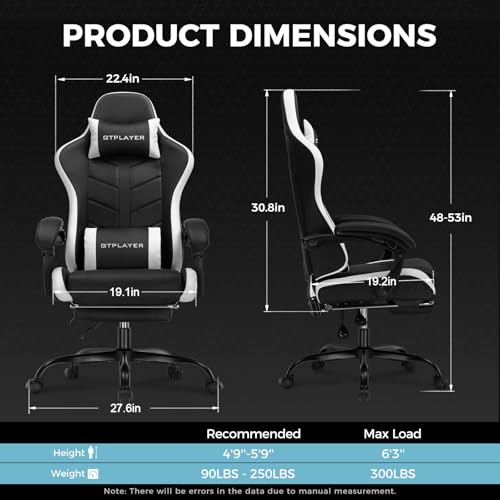 GTPLAYER Gaming Chair High Back Ergonomic Gamer Seat with Footrest and Lumbar Support Adjustable Reclining Swivel Computer Office Desk Chairs for Adults(White) - Thumbnail 3