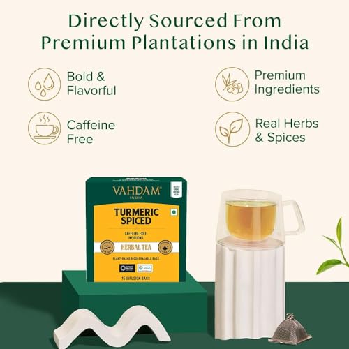 Image of VAHDAM, Turmeric Spice Herbal Tea Bags (15 Count) Caffeine Free, Non GMO| 100% Pure Herbal Tisane - Savory & Spicy | Individually Wrapped Pyramid Tea Bags | Direct from Source