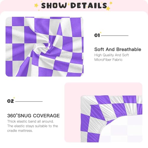 Image of Baby Crib Sheet Purple Checkerboard Crib Mattress for Boys and Girls Playard Sheet Soft Breathable Fitted Baby Mattress Cover 52x28in
