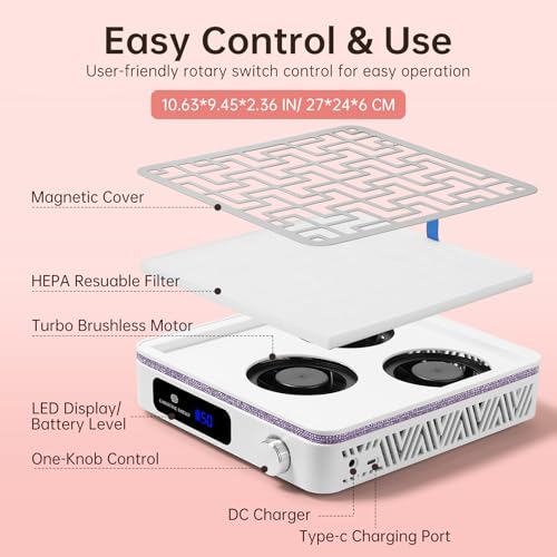 Image of Nail Dust Collector, 19500RPM Cordless Nail Vacuum Fan | Professional Powerful 2400PA Dust Collector Nail Tech Vent Dust Extractor with 50 Gears, Low Noise, Nail Salon&Home
