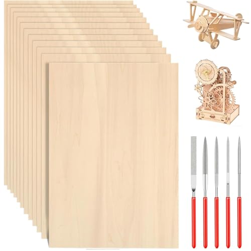 15pcs Balsa Wood Sheets with 5 Tools Wood Veneer Sheets Set for Laser Cutting and Model Building 10x20x0.2cm Dimensions Surface for Crafts Wedding Decor School Projects
