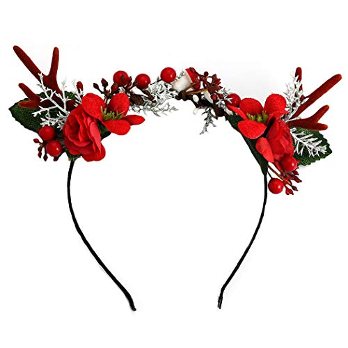 Unicra Diadema de Navidad con cuernos de flores y cuernos de ciervo de alce, accesorio para el pelo de Halloween para mujeres y niñas