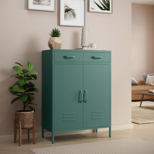 skølm Atria Metall Kommode – Sideboard in Dunkelgrün – Metallschrank mit 2 Fächern & 2 Schubladen – Mehrzweckschrank – Industrial Highboard – Aufbewahrungsschrank/Flurschrank – Flexible Einlegeböden