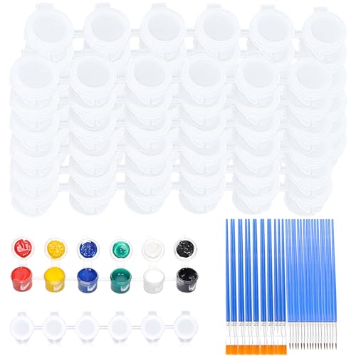 46 Pcs Empty Paint Pots and Paint Brushes Set, 12 Strips 72 Pcs 3ml Paint Pot Palettes with 34 Pcs Paint Brushes, Acrylic Mini Paint Container with Lid for Classrooms School Home Arts & Crafts Paint