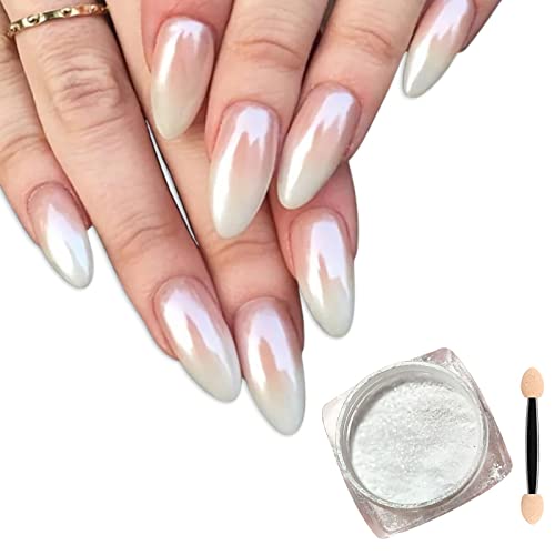 White Pearl Chrome Nail Powder, Ice Transparent Aurora Nail Powder with Multi Color Shifting Metallic Powders Mirror Effect,Neon Rainbow Holographic Moonlight Effect Iridescent Chrome Powder for Nails
