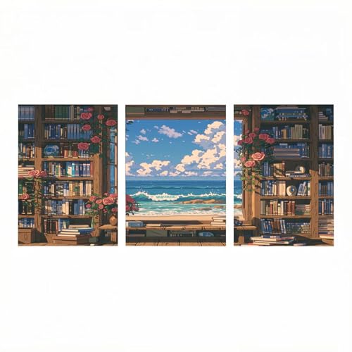 Peinture numero adulte 40x60cm activite manuelle salon bibliotheque vue mer