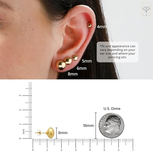14K Gold Stud Earrings for Women | Yellow Solid Gold Flat & Full Ball Earrings with Gold Butterfly Backs | 4MM-8MM Hypoallergenic Real 14K Button Ball Studs for Women & Men by MAX + STONE4
