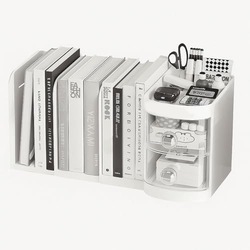 Vinnatsu卓上収納 デスク上置き棚 ペン立て付き 引き出し 大容量 卓上ラック デスクオーガナイザー 机上ラック 本立て 本棚折りたたみ式 伸縮できるブックエンド 倒れない 書籍 A4ファイル収納 小物収納 (しろい)