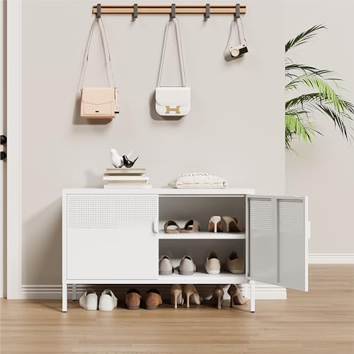 Image of Metal Storage Cabinet,2 Door TV Stand, Metal Mesh Accent Cabinet