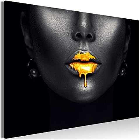 decomonkey Akustikbild Lippen 120x80 cm 1 Teilig Leinwand Modern Bilder Wandbilder XXL Schallschlucker Schallschutz Akustikdämmung Wandbild Deko Leise Flur Abstrakt Frau Mund Fashion Golden Schwarz Cover