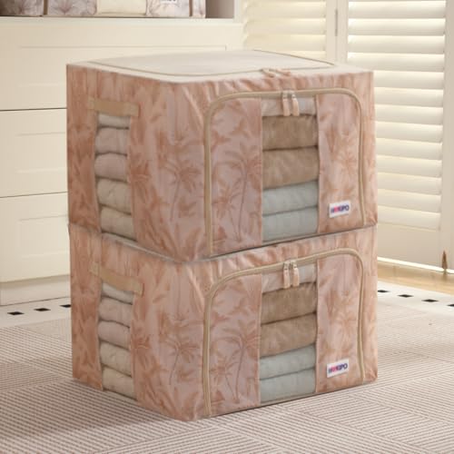 Image of HOKIPO 66L(L) 600D Oxford Fabric Cloth Organizer for Storage, Beige Botanica Pack of 2 (AR-6486-BGE*2)