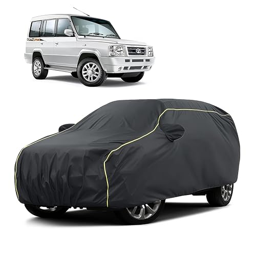 Image of Sulfar 100% Water Resistant Car Body Cover Compatible with Mirror for Tata Sumo Gold (Triple Stitched, Full Bottom Elastic, Dark Grey Taffeta with Yellow Piping)
