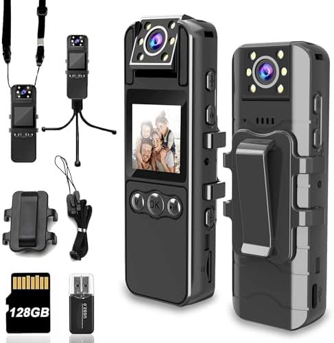Body Camera with Audio and Video Recording, HD 1080P Body Cam with 180° Rotating Lens, 6HR Battery, IR Cut Auto Night Vision, 128GB Body Worn Camcorder, for Personal Civilians, Police Law Enforcement Product Image