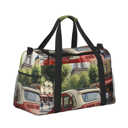 Paris Postcard Print Travel Duffle Bag - Foldable Personal Item Travel Bag for Women & Men,Carry-On Convertible Crossbody Tote Bags with Adjustable Shoulder Strap & Pockets 13x10.2x19.7 in3