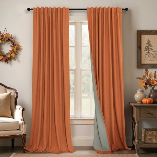 Burnt Orange 100% Blackout Window Curtain Panels Light Blocking Linen