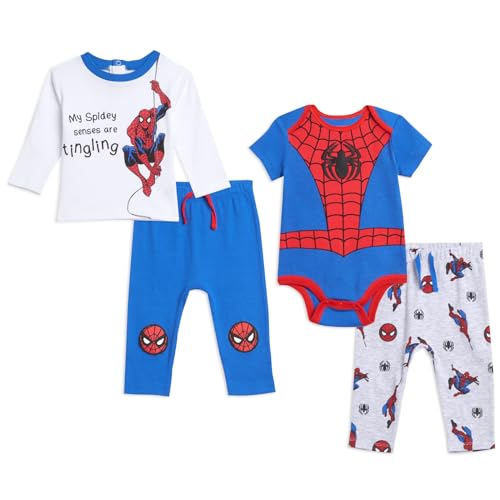 Image of Marvel Avengers Spider-Man Baby Bodysuit Pullover T-Shirt and Pants 4 Piece Layette Set Newborn to Infant