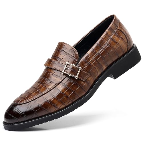 Men's Crocodile Pattern Loafers, Black Leather Dress Shoes with Buckle, Classic Business Formal Slip-On