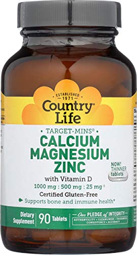 Country Life Target-Mins Calcium Magnesium Zinc w/Vitamin D 1000mg/500mg/25mg - 90 Tablets - Supports Bone & Immune