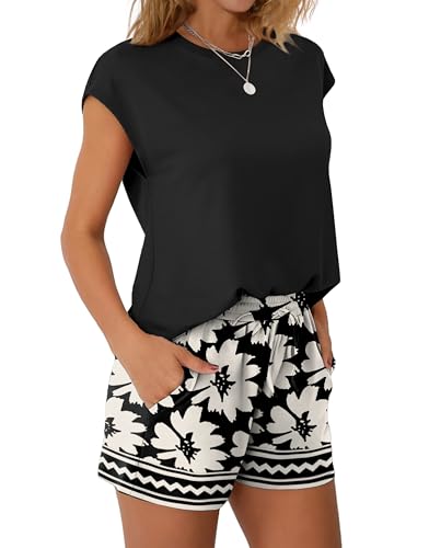 Image of WIHOLL Two Piece Sets for Women Summer Crew Neck Lounge Short Sets Cap Sleeve Drawstring Sweatsuit with Pocket